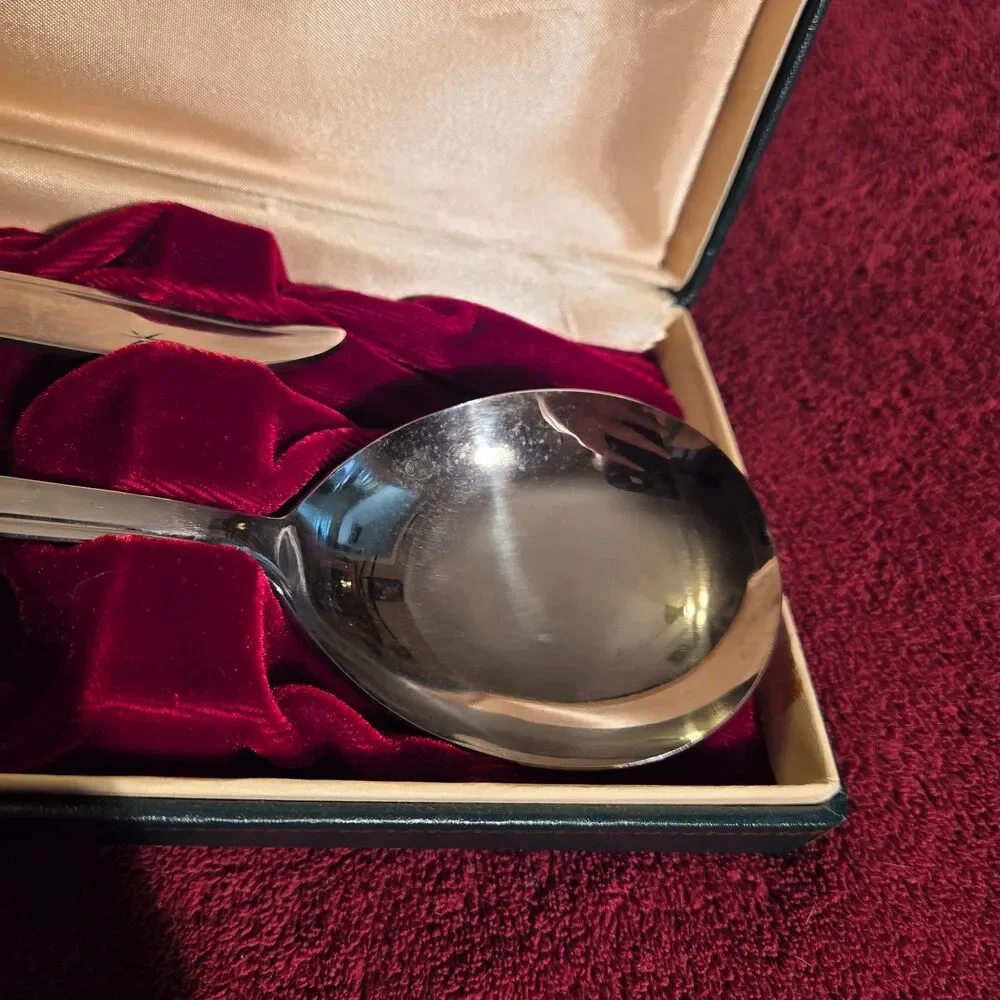 Vintage Nasco Starette Stainless Salad Serving Set 2pc Atomic Star Japan Boxed